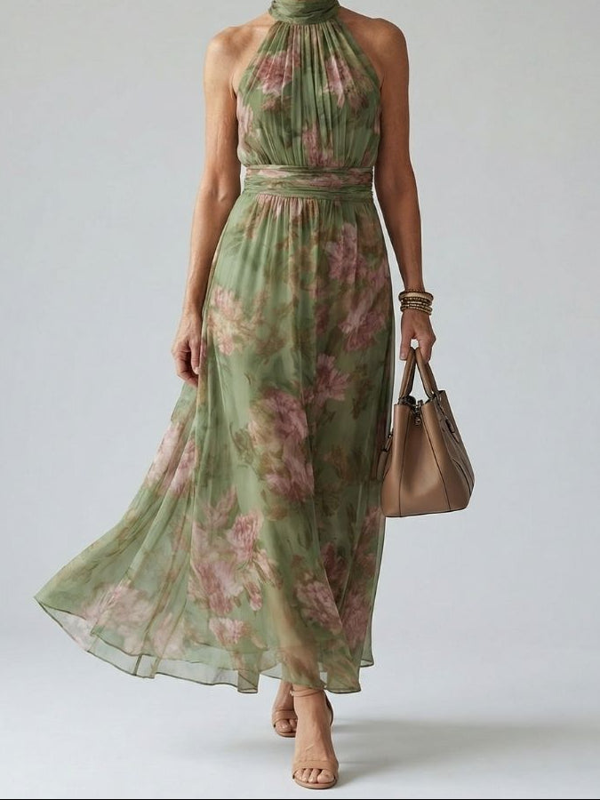 Women's Gathered Halter Midi Dress with Defined Waist and Lightweight Floral Fabric