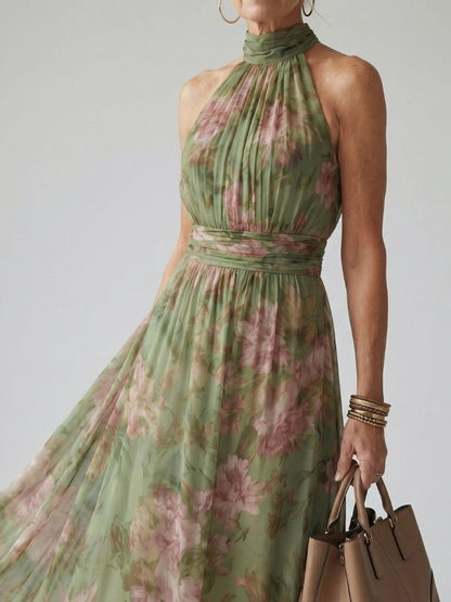 Women's Gathered Halter Midi Dress with Defined Waist and Lightweight Floral Fabric