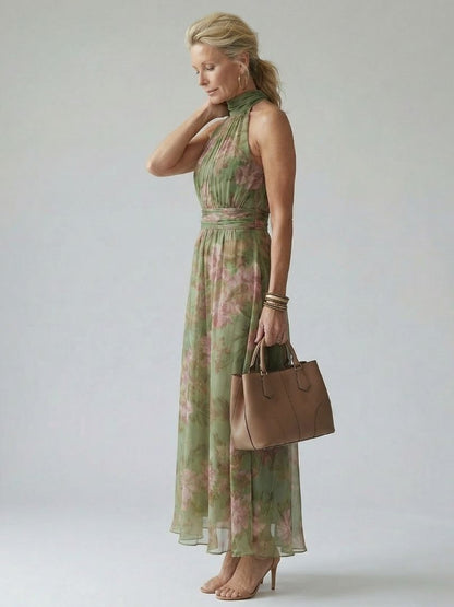 Women's Gathered Halter Midi Dress with Defined Waist and Lightweight Floral Fabric
