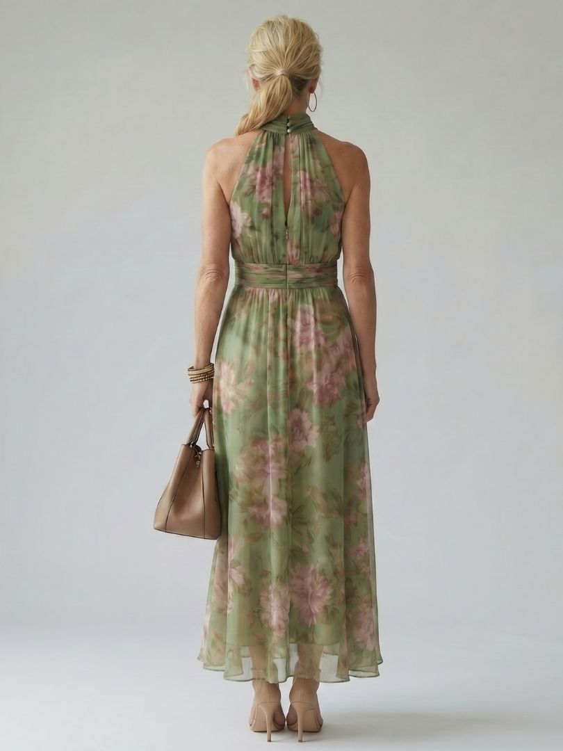 Women's Gathered Halter Midi Dress with Defined Waist and Lightweight Floral Fabric