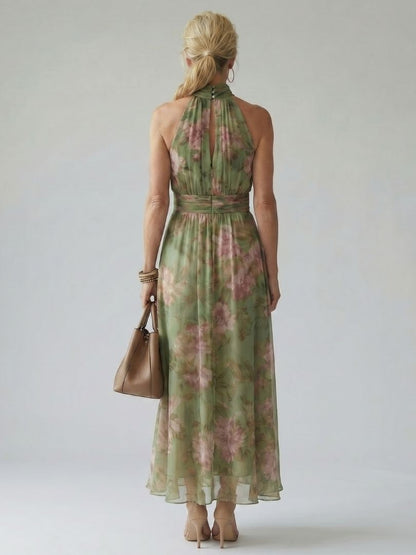 Women's Gathered Halter Midi Dress with Defined Waist and Lightweight Floral Fabric