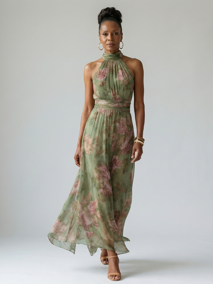 Women's Gathered Halter Midi Dress with Defined Waist and Lightweight Floral Fabric