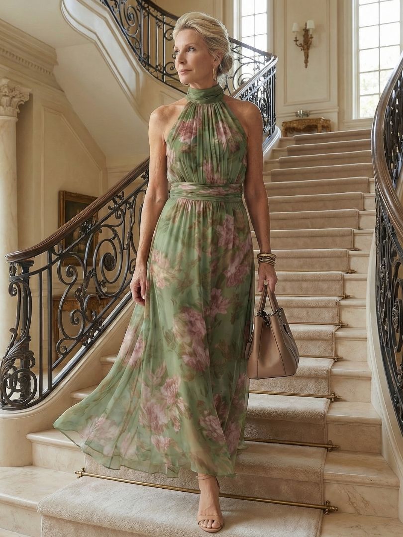 Women's Gathered Halter Midi Dress with Defined Waist and Lightweight Floral Fabric