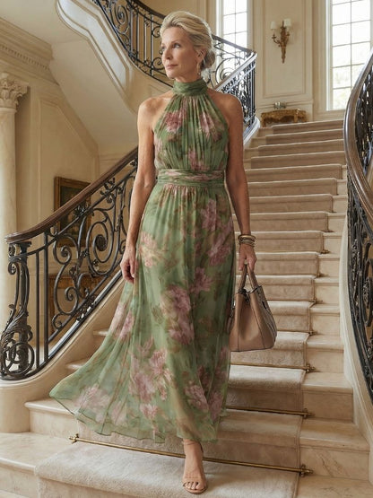 Women's Gathered Halter Midi Dress with Defined Waist and Lightweight Floral Fabric