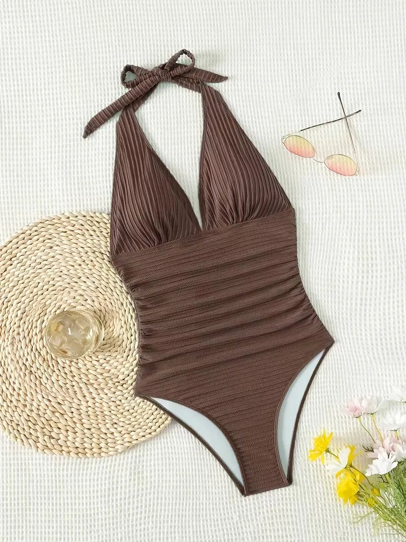 Women's Halter Neck Deep V One Piece Swimsuit with Ribbed Fabric and Open Back