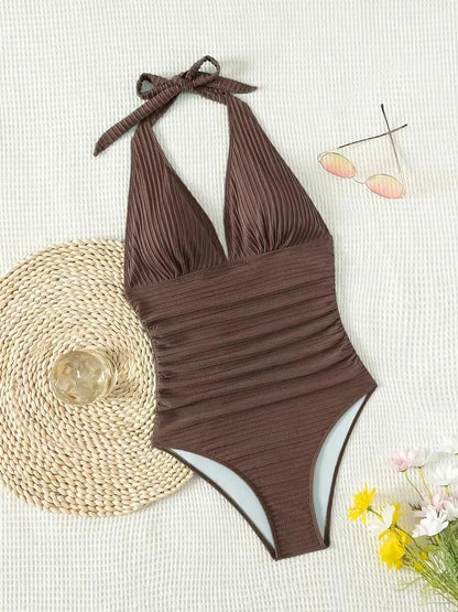 Women's Halter Neck Deep V One Piece Swimsuit with Ribbed Fabric and Open Back