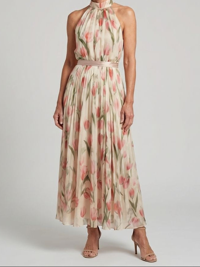 Women's Halter Neck Floral Midi Dress with Sleeveless Design and Lightweight Fabric
