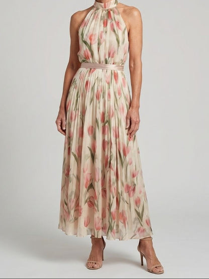 Women's Halter Neck Floral Midi Dress with Sleeveless Design and Lightweight Fabric