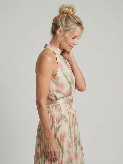 Women's Halter Neck Floral Midi Dress with Sleeveless Design and Lightweight Fabric