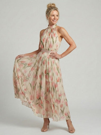 Women's Halter Neck Floral Midi Dress with Sleeveless Design and Lightweight Fabric