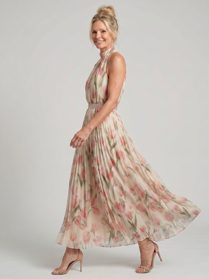 Women's Halter Neck Floral Midi Dress with Sleeveless Design and Lightweight Fabric
