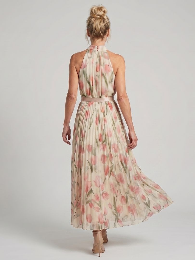 Women's Halter Neck Floral Midi Dress with Sleeveless Design and Lightweight Fabric