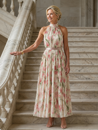 Women's Halter Neck Floral Midi Dress with Sleeveless Design and Lightweight Fabric