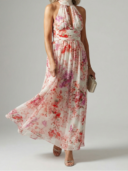 Women's Halter Neck Floral Maxi Dress with Gathered Bodice and Easy Flow Skirt