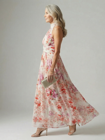 Women's Halter Neck Floral Maxi Dress with Gathered Bodice and Easy Flow Skirt