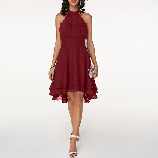 Women's Halter Neck Midi Dress with Ruffle Hem and Cinched Waist