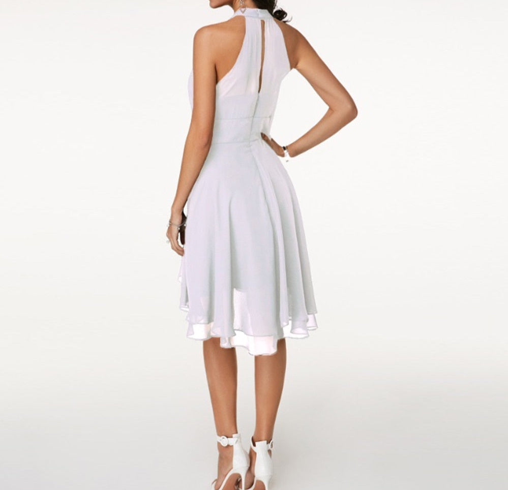 Women's Halter Neck Midi Dress with Ruffle Hem and Cinched Waist