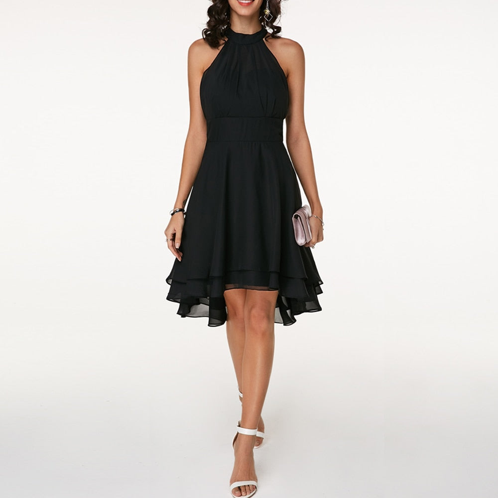 Women's Halter Neck Midi Dress with Ruffle Hem and Cinched Waist