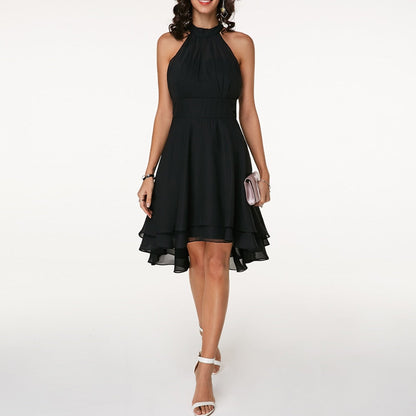 Women's Halter Neck Midi Dress with Ruffle Hem and Cinched Waist