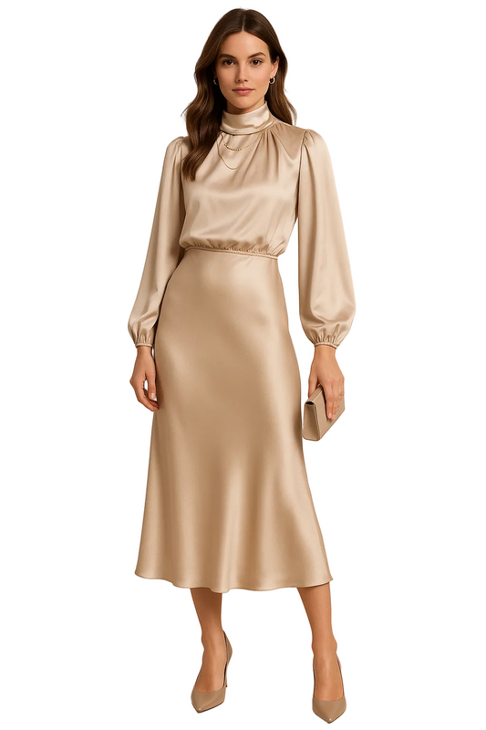 Women's High Neck Midi Dress with Long Sleeve and High Waist Silhouette
