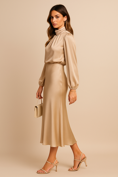 Women's High Neck Midi Dress with Long Sleeve and High Waist Silhouette