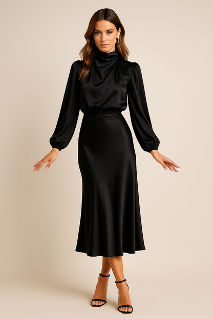 Women's High Neck Midi Dress with Long Sleeve and High Waist Silhouette