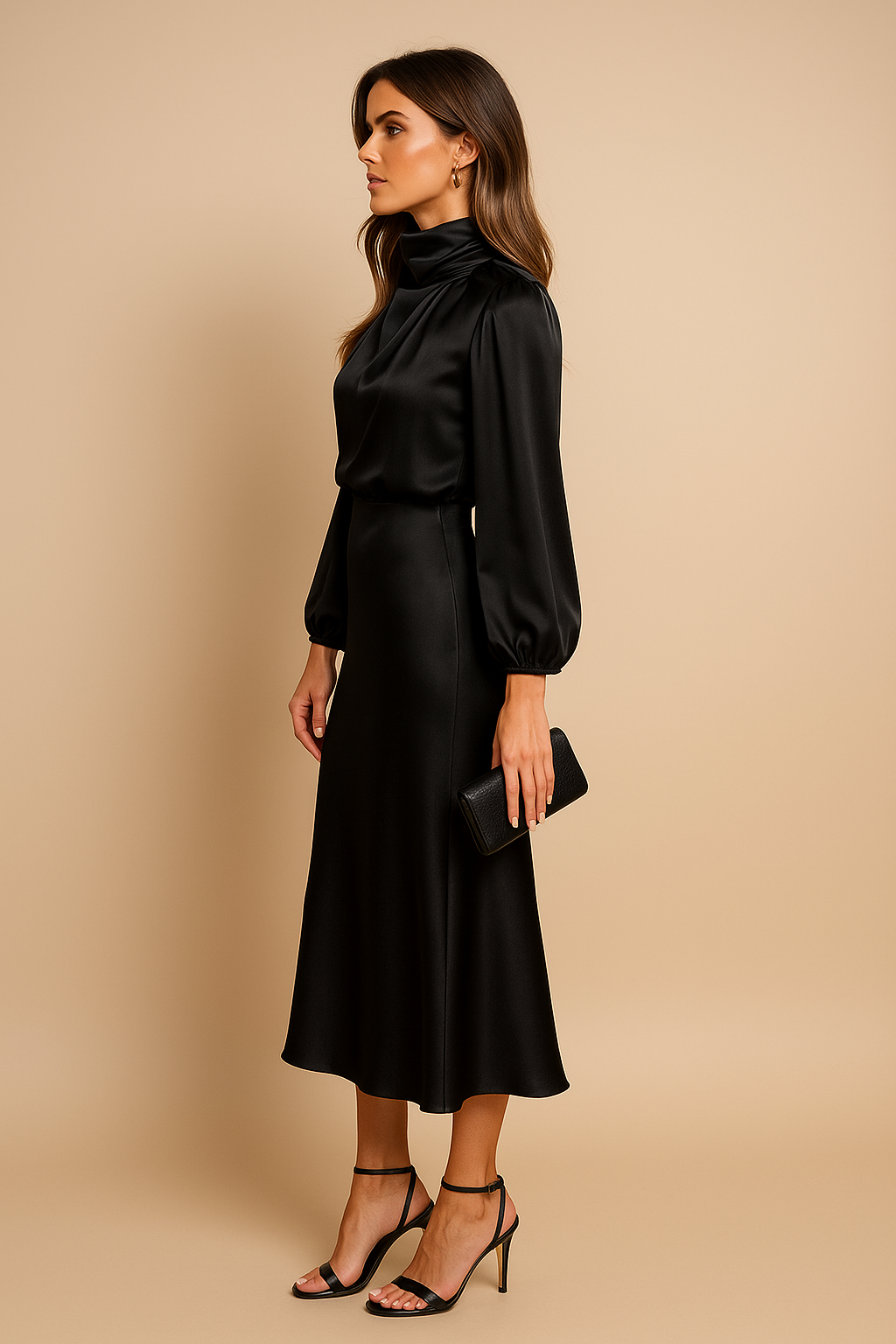 Women's High Neck Midi Dress with Long Sleeve and High Waist Silhouette