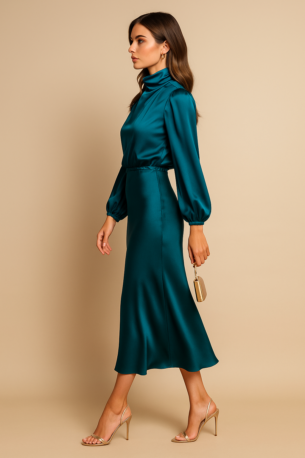 Women's High Neck Midi Dress with Long Sleeve and High Waist Silhouette