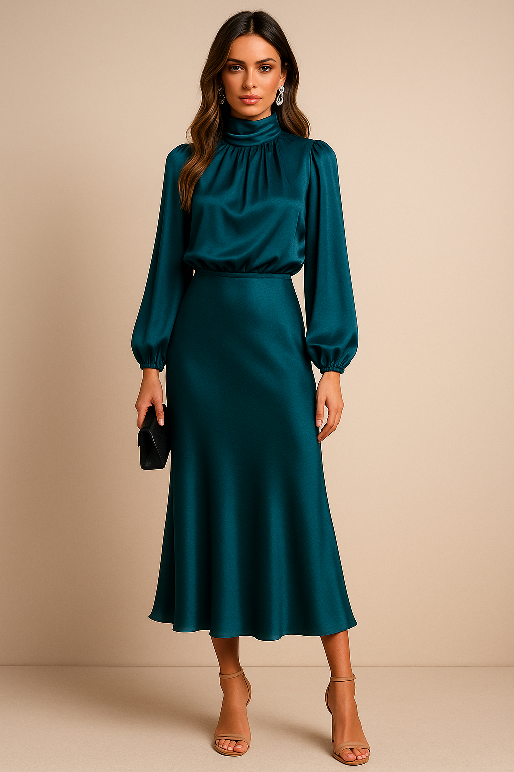 Women's High Neck Midi Dress with Long Sleeve and High Waist Silhouette