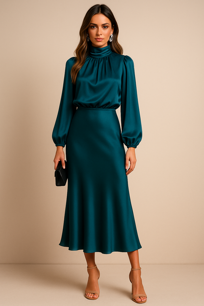 Women's High Neck Midi Dress with Long Sleeve and High Waist Silhouette