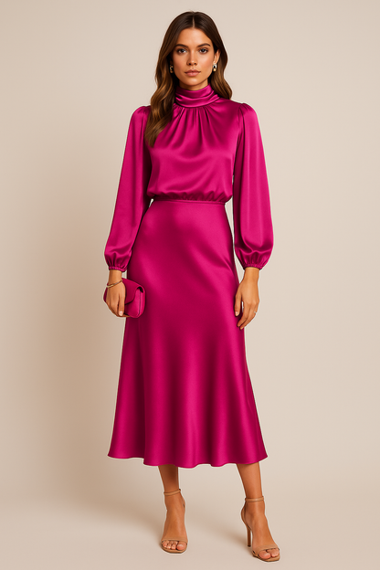 Women's High Neck Midi Dress with Long Sleeve and High Waist Silhouette