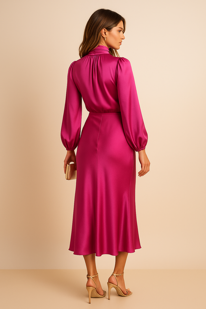 Women's High Neck Midi Dress with Long Sleeve and High Waist Silhouette