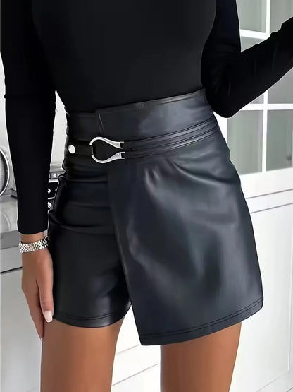 Women's High Waist PU Leather Shorts with Button Closure and Metal Buckle