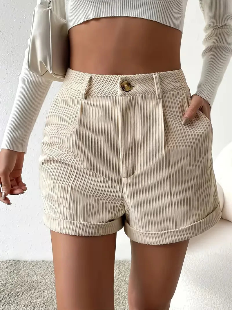 Women's High Waist Ribbed Shorts with Button Closure and Side Pockets