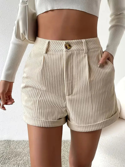 Women's High Waist Ribbed Shorts with Button Closure and Side Pockets