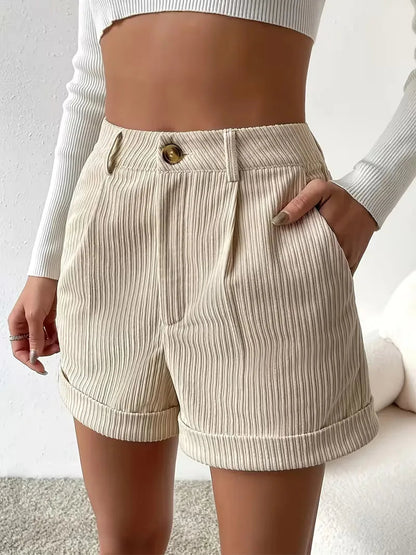 Women's High Waist Ribbed Shorts with Button Closure and Side Pockets