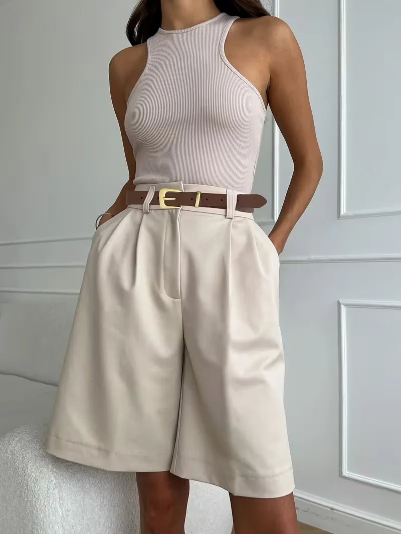 Women's High Waist Straight Leg Shorts with Pleated Front and Belt