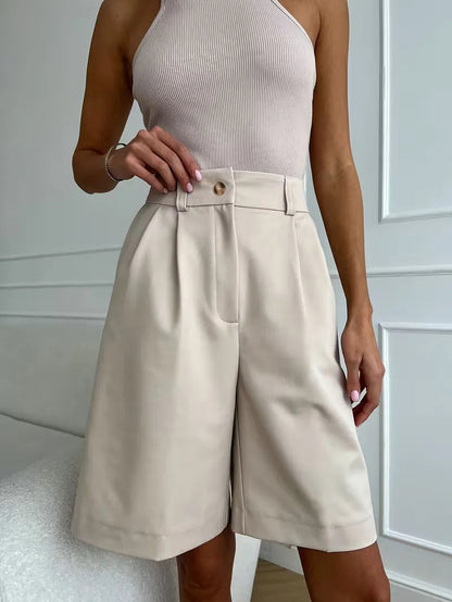 Women's High Waist Straight Leg Shorts with Pleated Front and Belt