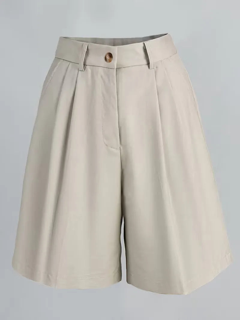 Women's High Waist Straight Leg Shorts with Pleated Front and Belt