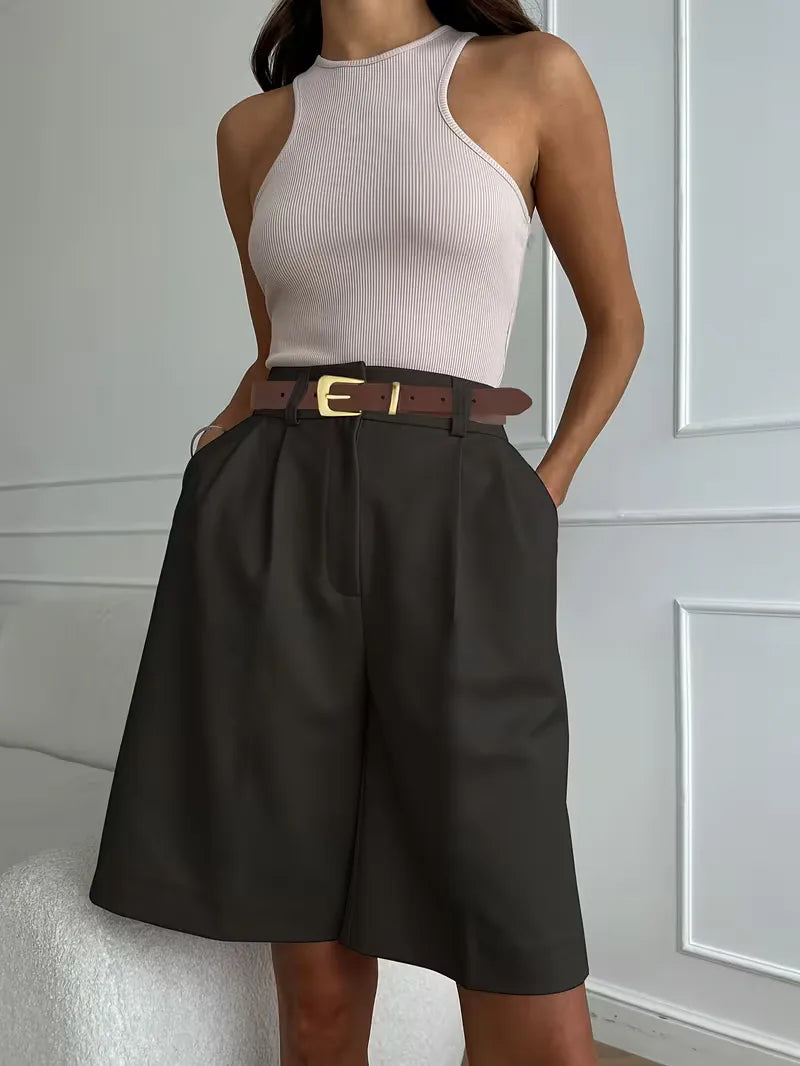 Women's High Waist Straight Leg Shorts with Pleated Front and Belt