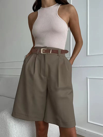 Women's High Waist Straight Leg Shorts with Pleated Front and Belt