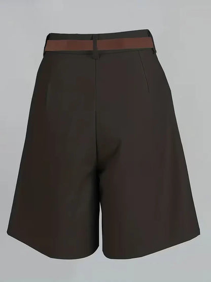 Women's High Waist Straight Leg Shorts with Pleated Front and Belt
