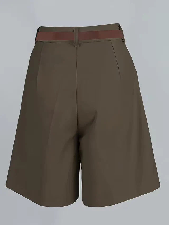 Women's High Waist Straight Leg Shorts with Pleated Front and Belt