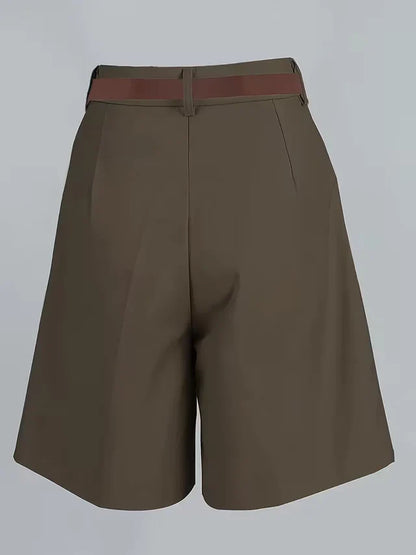 Women's High Waist Straight Leg Shorts with Pleated Front and Belt