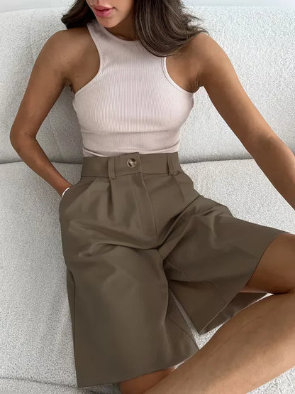 Women's High Waist Straight Leg Shorts with Pleated Front and Belt