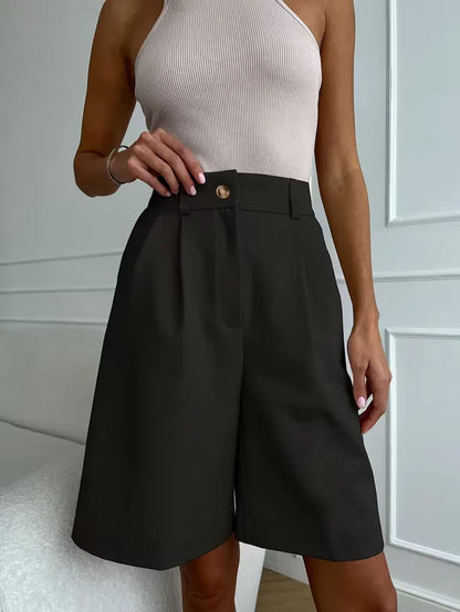 Women's High Waist Straight Leg Shorts with Pleated Front and Belt