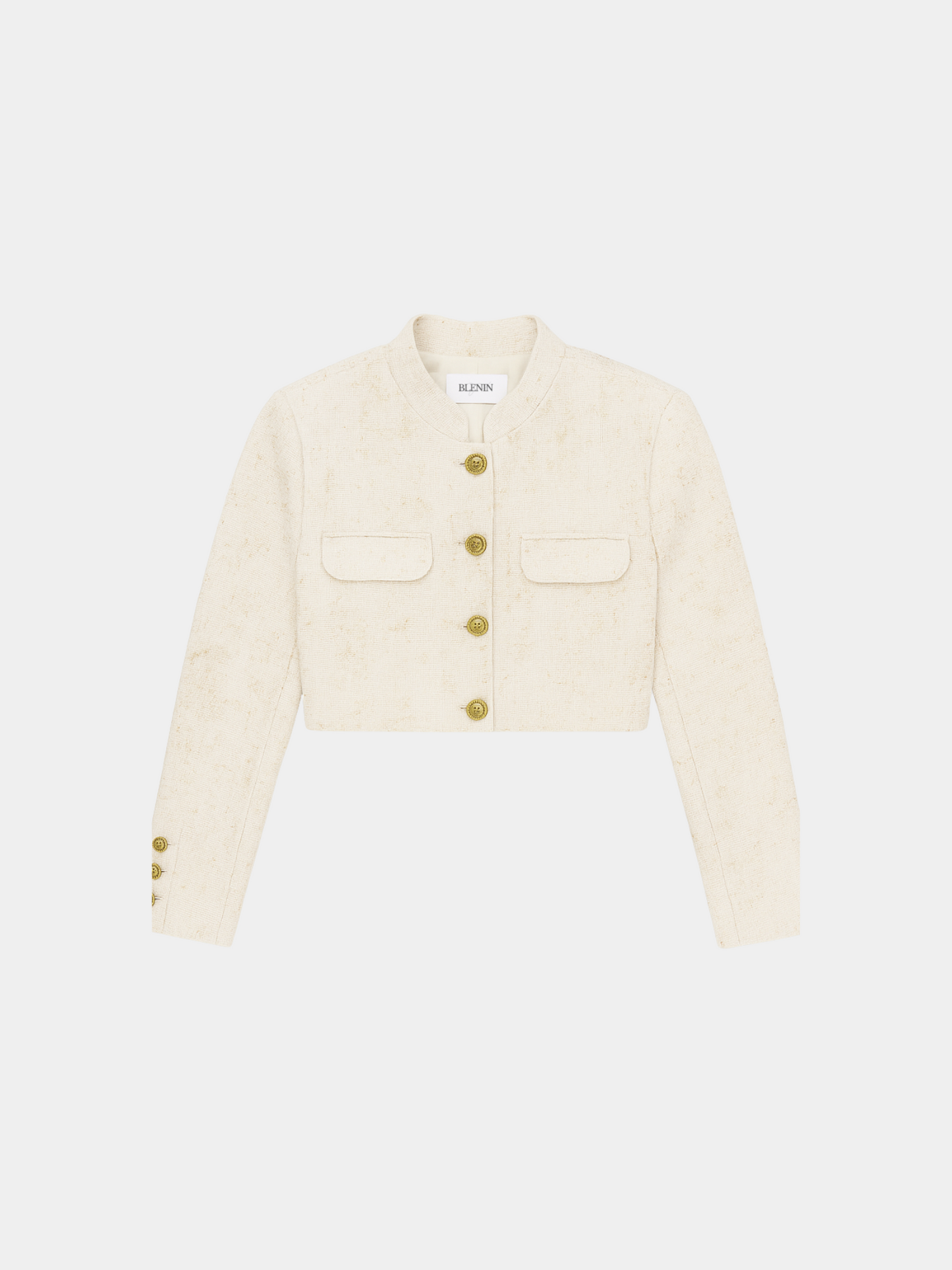 Women's Cropped Ivory Tweed Jacket with Gold Buttons and Shimmer Detail