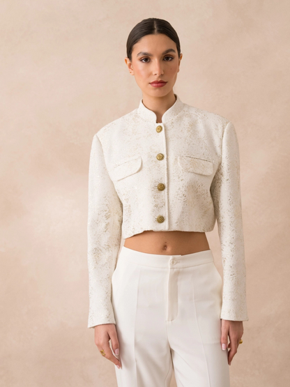 Women's Cropped Ivory Tweed Jacket with Gold Buttons and Shimmer Detail