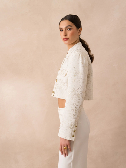Women's Cropped Ivory Tweed Jacket with Gold Buttons and Shimmer Detail