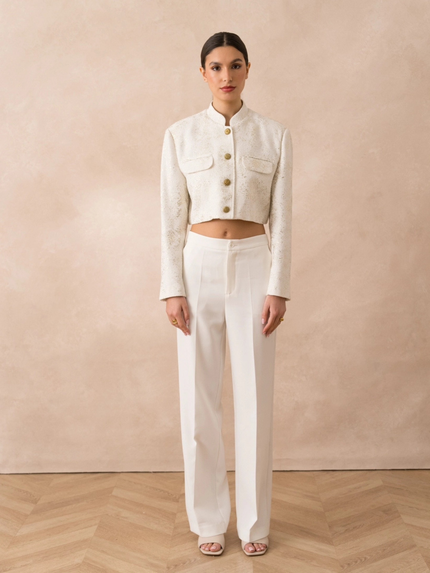 Women's Cropped Ivory Tweed Jacket with Gold Buttons and Shimmer Detail